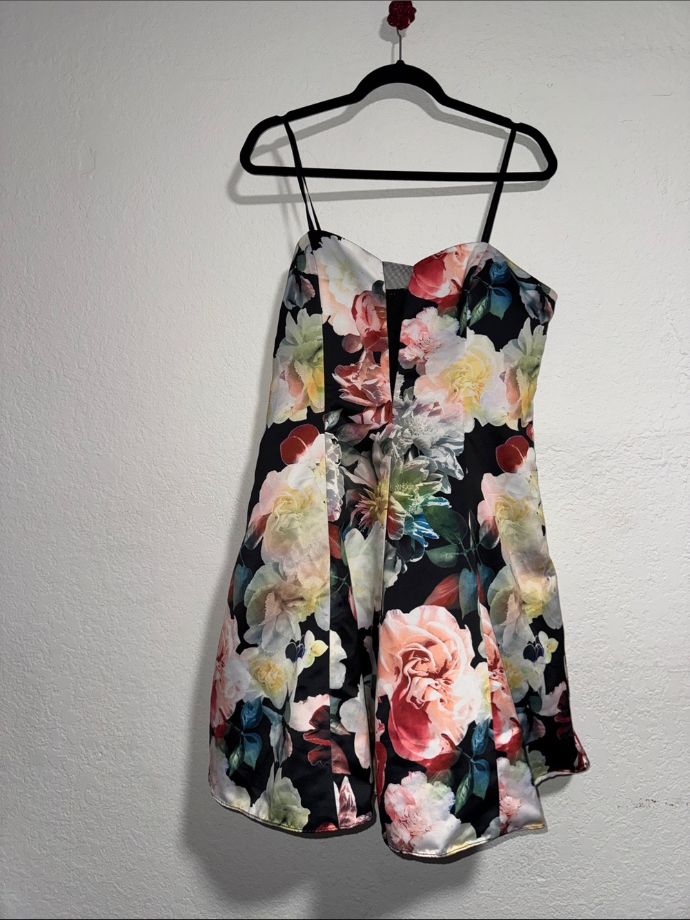 Floral Strapless Fit-and-Flare Dress in Black with Multicolor Blooms Size 14